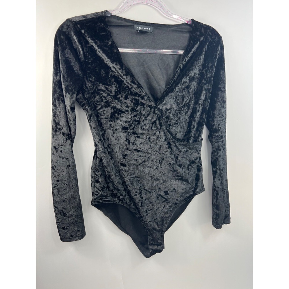 Trouve Bodysuit Women's Size S Black Velour V-Neck Long Sleeve